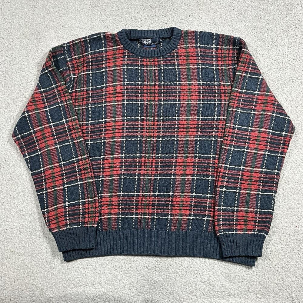 Polo Ralph Lauren Sweater Mens XL Plaid Knit Long Sleeve Cotton Crewneck VTG 90s